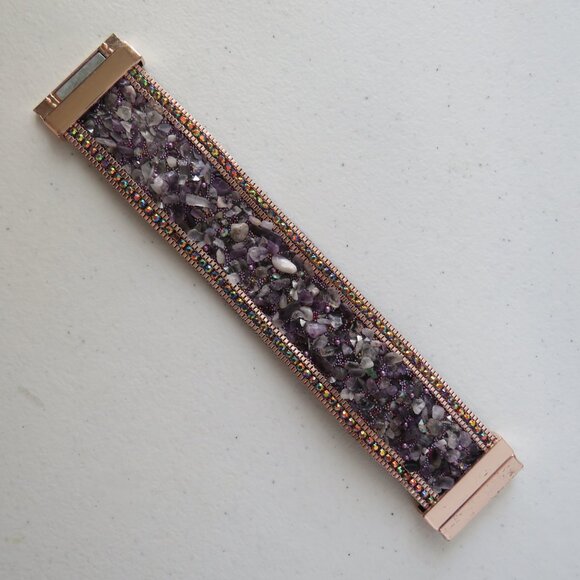 Natural Amethyst Chips Rhinestones Suede Leather Magnetic Clasp Bracelet - Picture 11 of 15